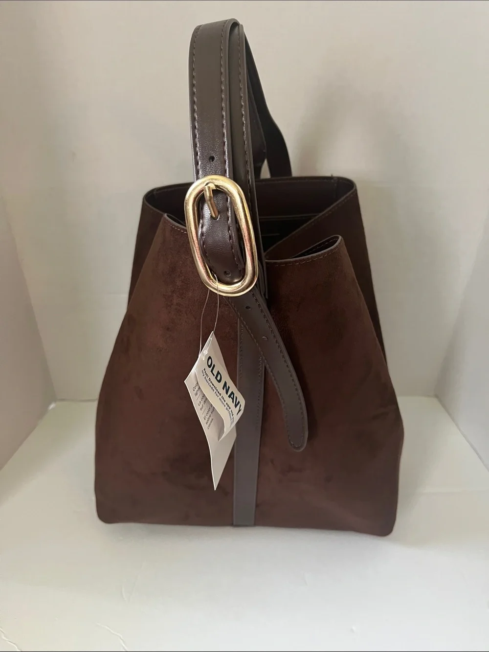 Old Navy Brown Faux Suede Tote with Gold Buckle Strap